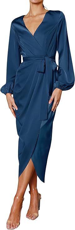 dowerme Women's Satin Dress 2023 Casual Wrap V Neck Long Sleeve Belted Zipper Slit Silk Midi Body... | Amazon (US)