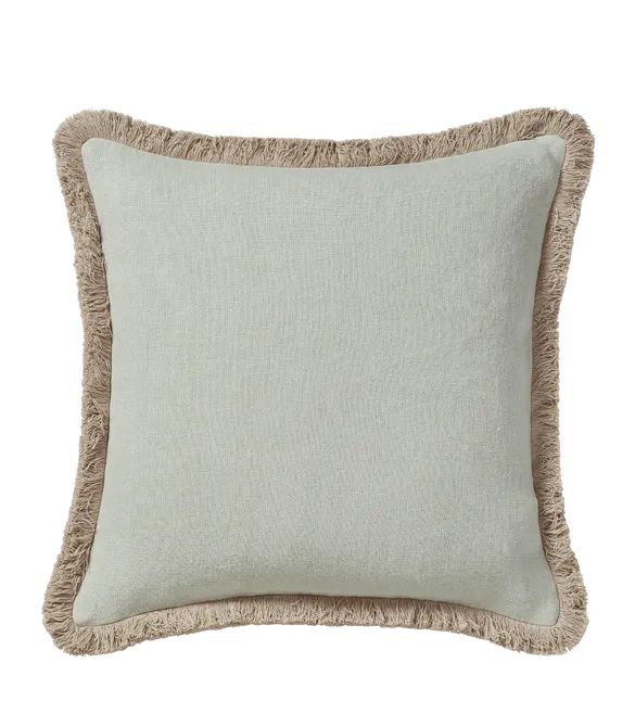 Stonewashed Linen Pillow Cover With Fringing - Eau de Nil | OKA US