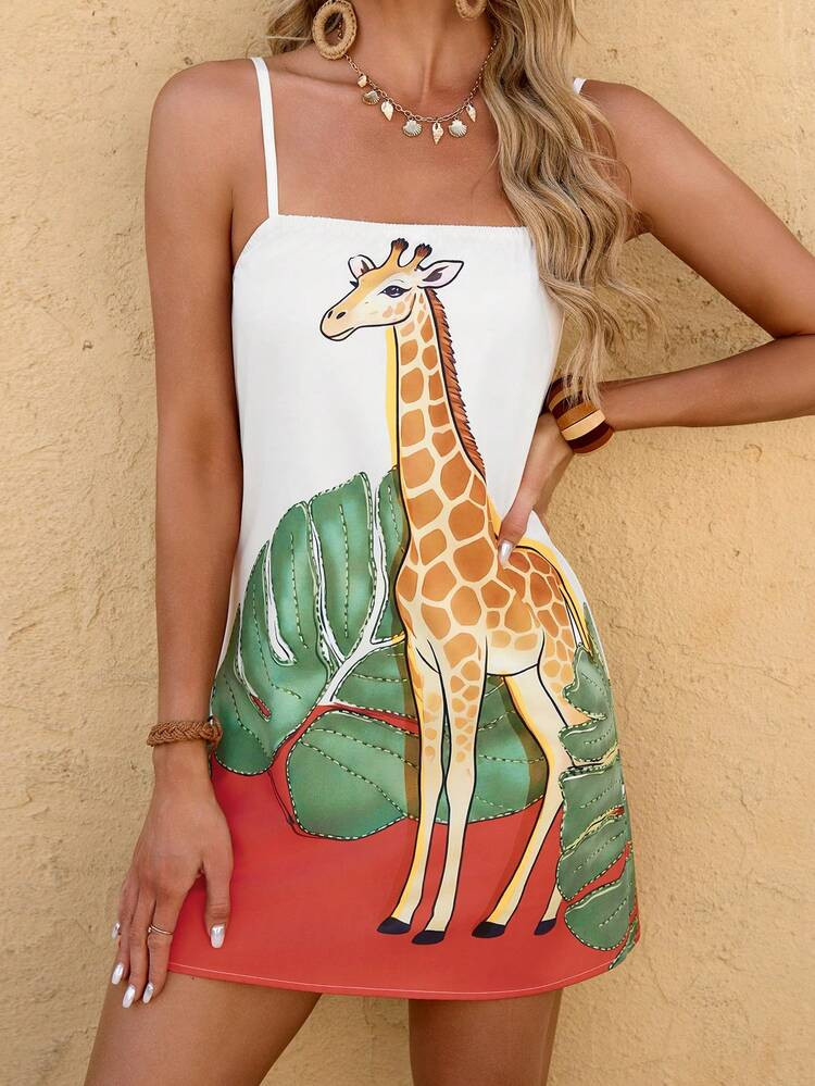 Vaclyn Women's Casual Vacation Colorblock Giraffe Print Slip Dress | SHEIN