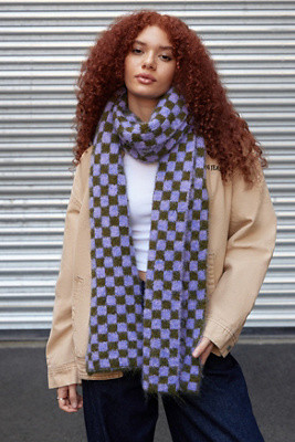 UO Fuzzy Check Scarf - Lilac at Urban Outfitters | Urban Outfitters UK