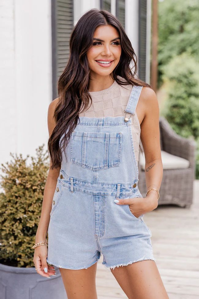 Never Wanna Grow Up Light Wash Short Overalls | Pink Lily