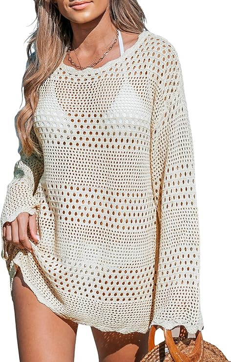 CUPSHE Women's Swimsuit Cover Up Crochet Bathing Suit Mesh Swimwear Knit Pullover Beach Dress | Amazon (US)