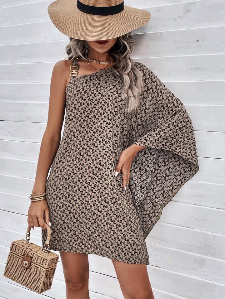 SHEIN Clasi Allover Print Asymmetrical Neck Batwing Sleeve Dress | SHEIN