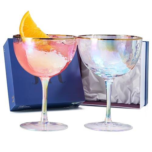 Festive Lustered Iridescent Hammered Coupe Glasses - Set of 2 - Gold Rim 8 5oz Colorful Champagne Glasses - Anniversaries, Birthday Gift, Cocktail Party Radiance - Water, Wine, Cosmopolitan, Barware | Amazon (US)