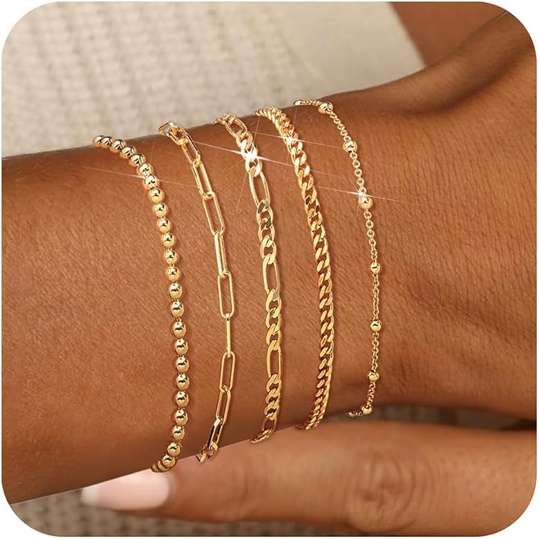 adoyi Gold Bracelets for Women, 14K Gold Plated Stackable Bracelet Stack Set Adjustable Charm Pap... | Amazon (US)