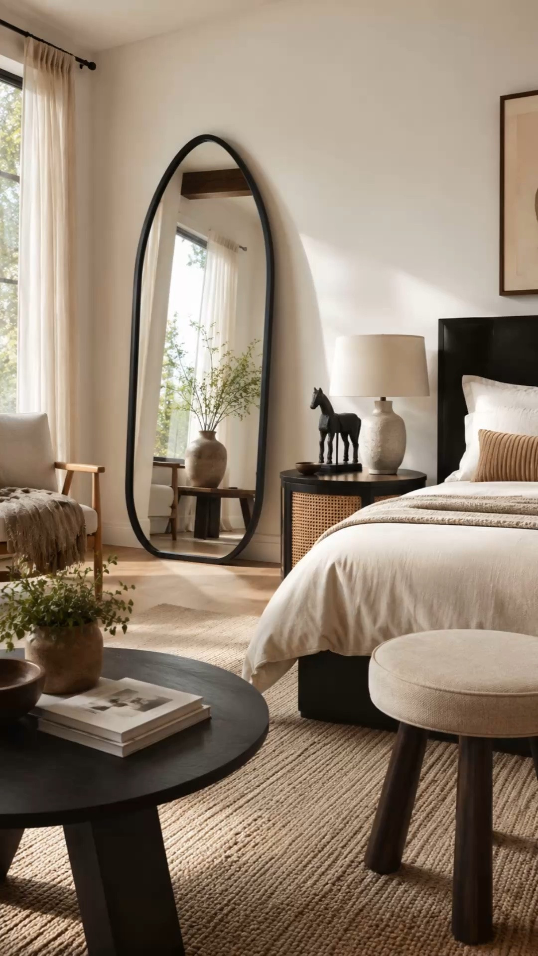 This bedroom is proof that black furniture can still feel warm, soft, and inviting 🤎 The cane details, sculptural accents, and layered neutrals make this space feel like a boutique hotel I’d never want to leave.

Loving how the oversized mirror reflects all the natural light and makes the room feel even bigger ✨

#LTKHome #LTKSaleAlert #LTKSeasonal