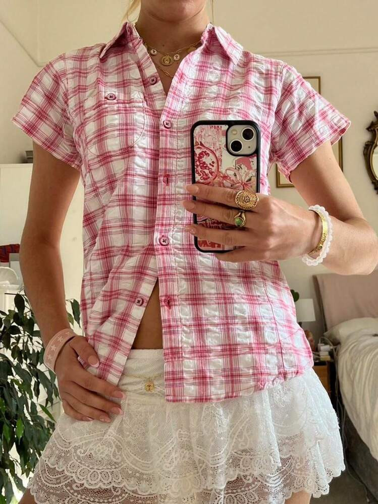 Women Vinatge Button Down Shirt Casual Contrast Color Plaid Lapel V Neck Short Sleeve Crop Tops | SHEIN