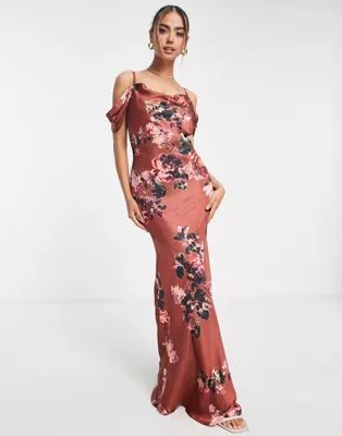 Hope & Ivy Bridesmaid cold shoulder satin maxi dress in autumn floral | ASOS | ASOS (Global)