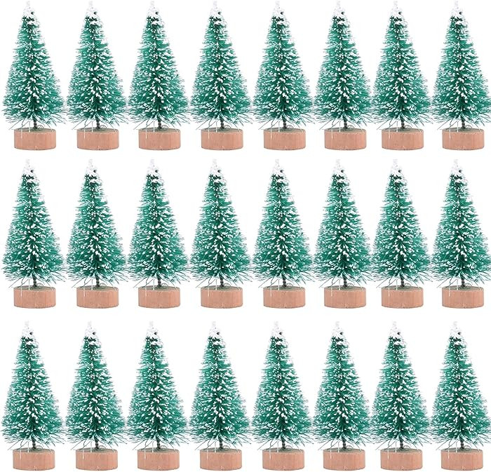 24 Pieces Artificial Mini Christmas Sisal Snow Frost Trees with Wood Base Bottle Brush Trees Plas... | Amazon (US)