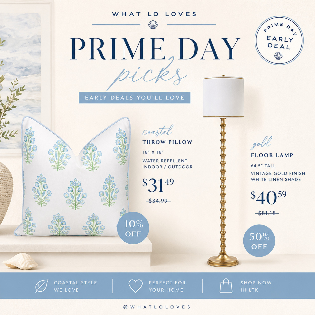 Prime Day is officially starting and I'm sharing the home finds that genuinely caught my eye. 🤍

These two are my favorites so far! The prettiest coastal blue pillow cover and a gorgeous vintage-inspired gold floor lamp that looks so much more expensive than it is. Both would fit perfectly into a neutral, coastal-inspired home.

I'll be sharing my favorite Prime Day deals all week, so be sure to follow my storefront for daily finds, home decor favorites, kitchen deals, organization must-haves, and more! 🐚✨ 

 #LTKSeasonal #LTKHome #LTKSaleAlert