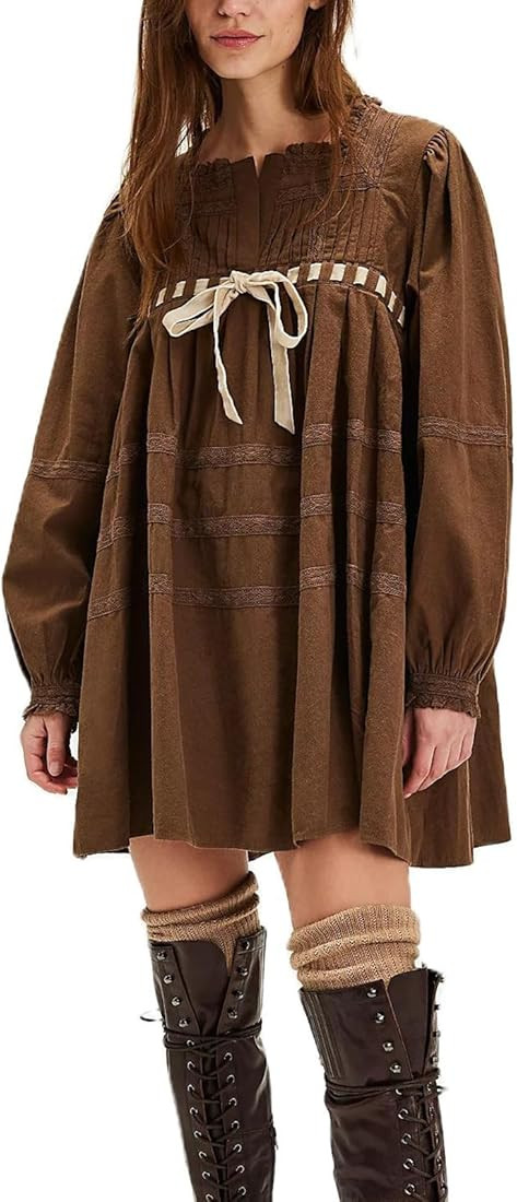 Y2k Women Lace Bow Tie Front Mini Dress Flowy Long Puff Sleeve Embroidered Babydoll Tunic Short D... | Amazon (US)