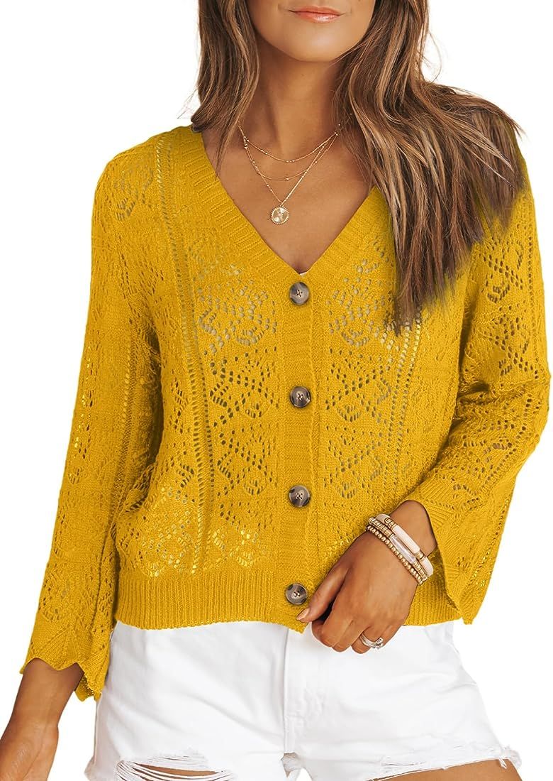 Dokotoo Womens Long Sleeve Cropped Cardigan Sweaters Crochet Knit Bolero Shrug V Neck Button up T... | Amazon (US)
