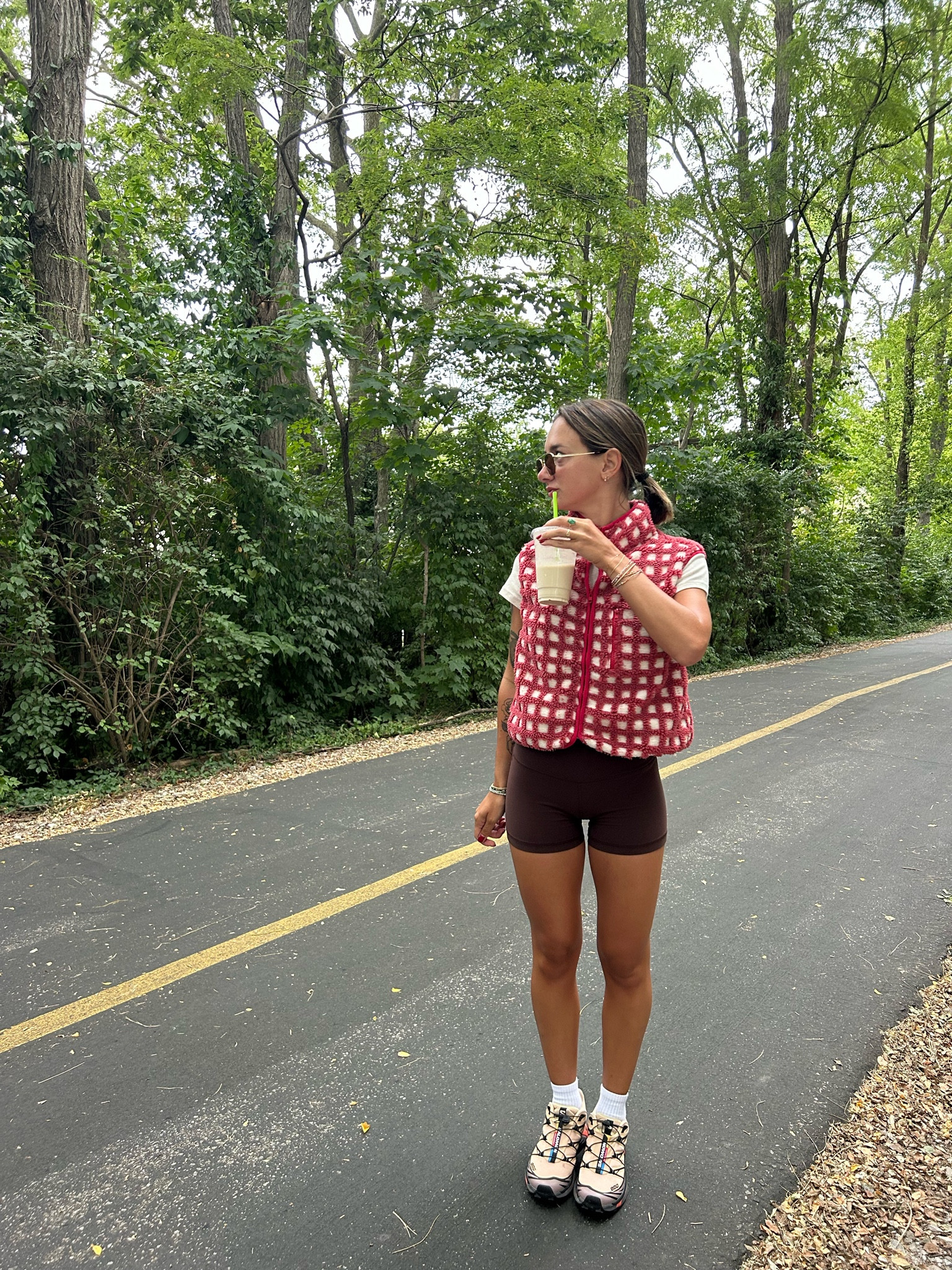 Linking what I can from this outfit! Aritzia tee in S. Biker shorts color is from last year but lots of other good options! I’m wearing 3 inch bc I’m short. Salomons I sized up to an 8 (usual 7.5) and the vest is from Midnight Lunch!!