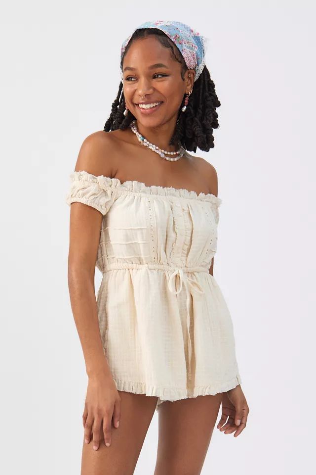 UO Evie Off-The-Shoulder Check Romper | Urban Outfitters (US and RoW)