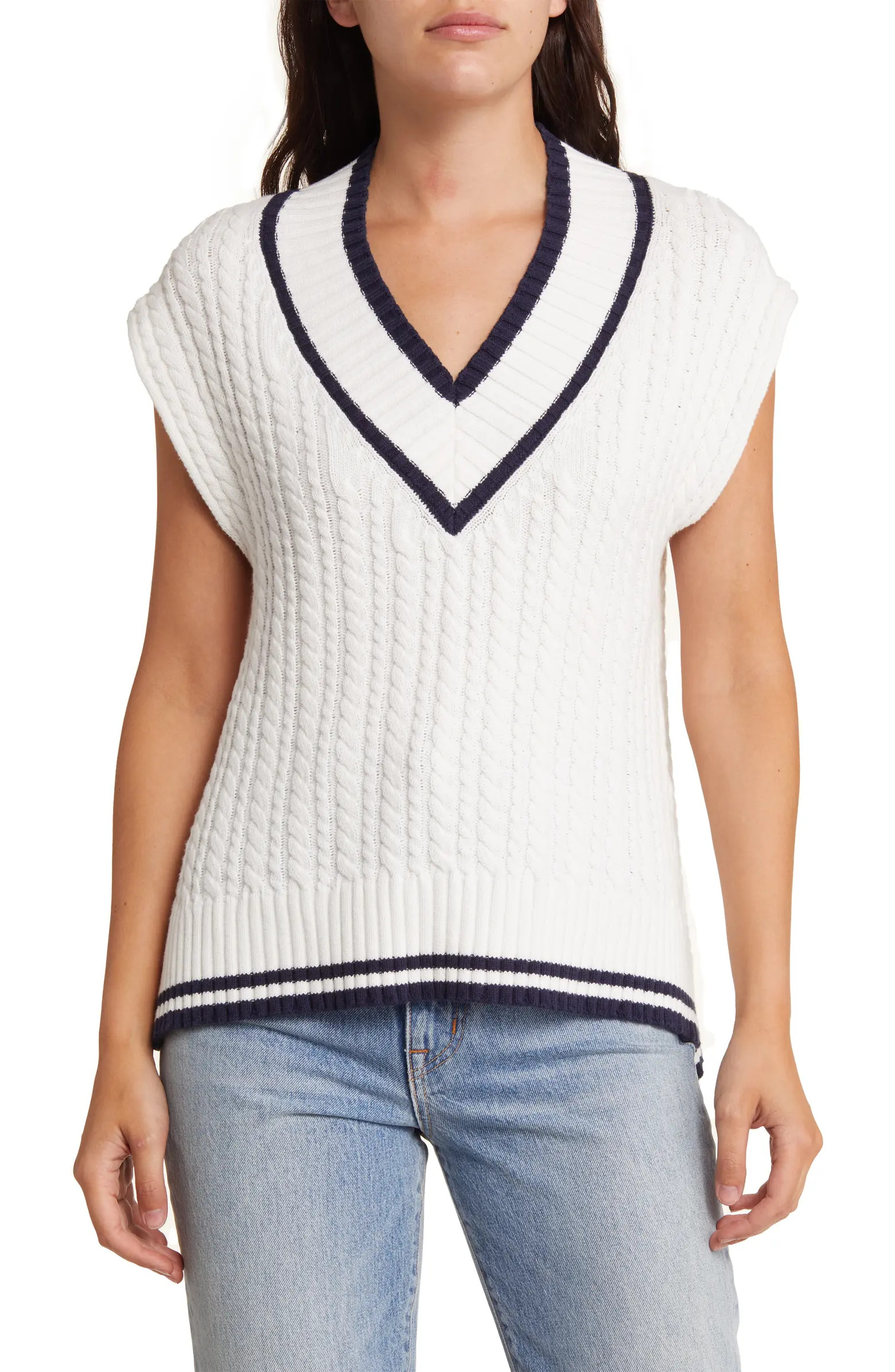 Mozart Cable Stitch Cap Sleeve V-Neck Sweater | Nordstrom