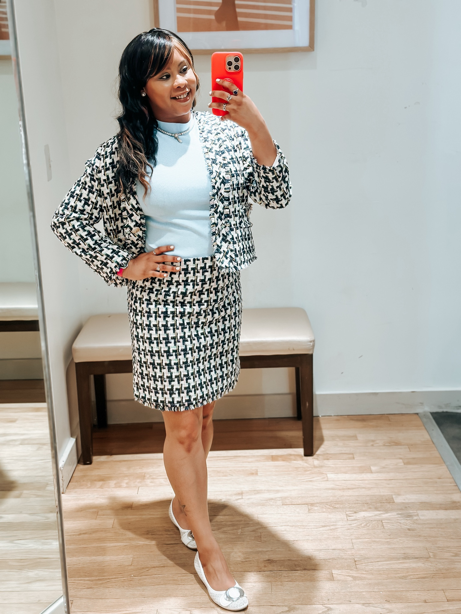 Tweed cropped cardigan and tweed fringe A-Line skirt. Wearing a pastel blue mock neck top. I’m wearing the jacket and skirt in petites. Top in regular size. Very cute professional look. Ann Taylor outfit 

#LTKworkwear #LTKstyletip #LTKSpringSale