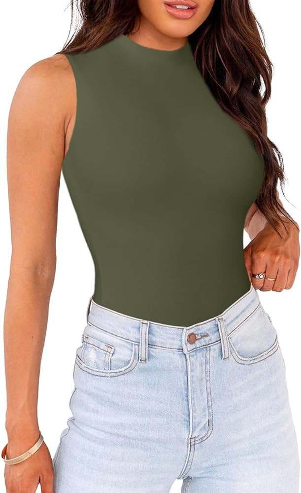 WAYMAKER Mock Neck Bodysuits for Women Sleeveless Basic Tank Top Body Suit Shirts | Amazon (US)