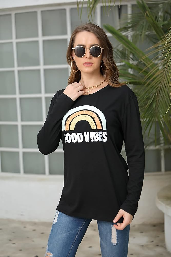 Womens Long Sleeve Graphic Print Shirt Loose Fit Color Block Tunic Tops Sweatshirts Blouses | Amazon (US)