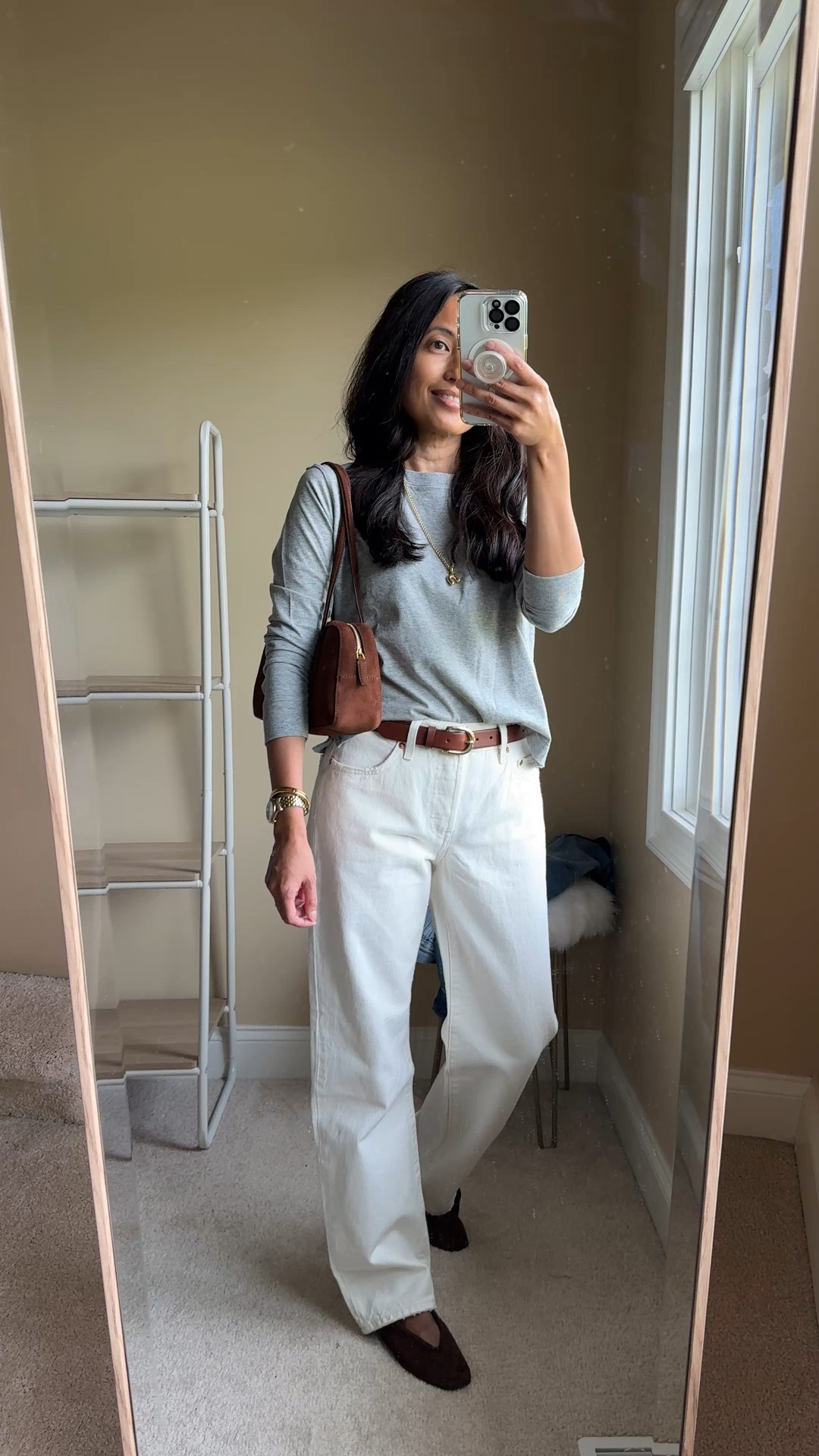 Elevated long sleeve t-shirt outfit idea for Fall. 
Pair with off-white denim, add a belt. 
Add suede accessories in rich brown tones. 
Finish with simple gold jewelry and oversized denim jacket. 
- This exact long sleeve t-shirt is all cotton and soft, with a lived-in feel. True to size for me. Currently on sale for $24. 
- Exact jeans in ecru are my current favorite Levi’s style. 
- Leather belt is a closet staple. I also have this one in black. On sale for $46  
- Chic suede flats are comfy out of the box. True to size. 
- Suede shoulder bag in a trending silhouette. This is my favorite non-designer option for the look and quality. 
- Oversized denim jacket comes in multiple washes and roomy enough to layer over sweatshirts and sweaters. 
- Versatile gold tone jewelry that matches everything. 


#LTKFindsUnder100 #LTKOver40 #LTKFindsUnder50