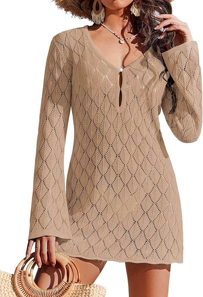 Ekouaer Swimsuit Coverup for Women Crochet Beach Cover Up Hollow Out Long Sleeve Cover Ups 2026 S... | Amazon (US)