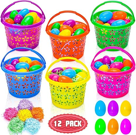 12 Pieces Easter Baskets with Handle for kids - Plastic Easter Egg Hunts Bucket with 36Pcs Empty ... | Amazon (US)