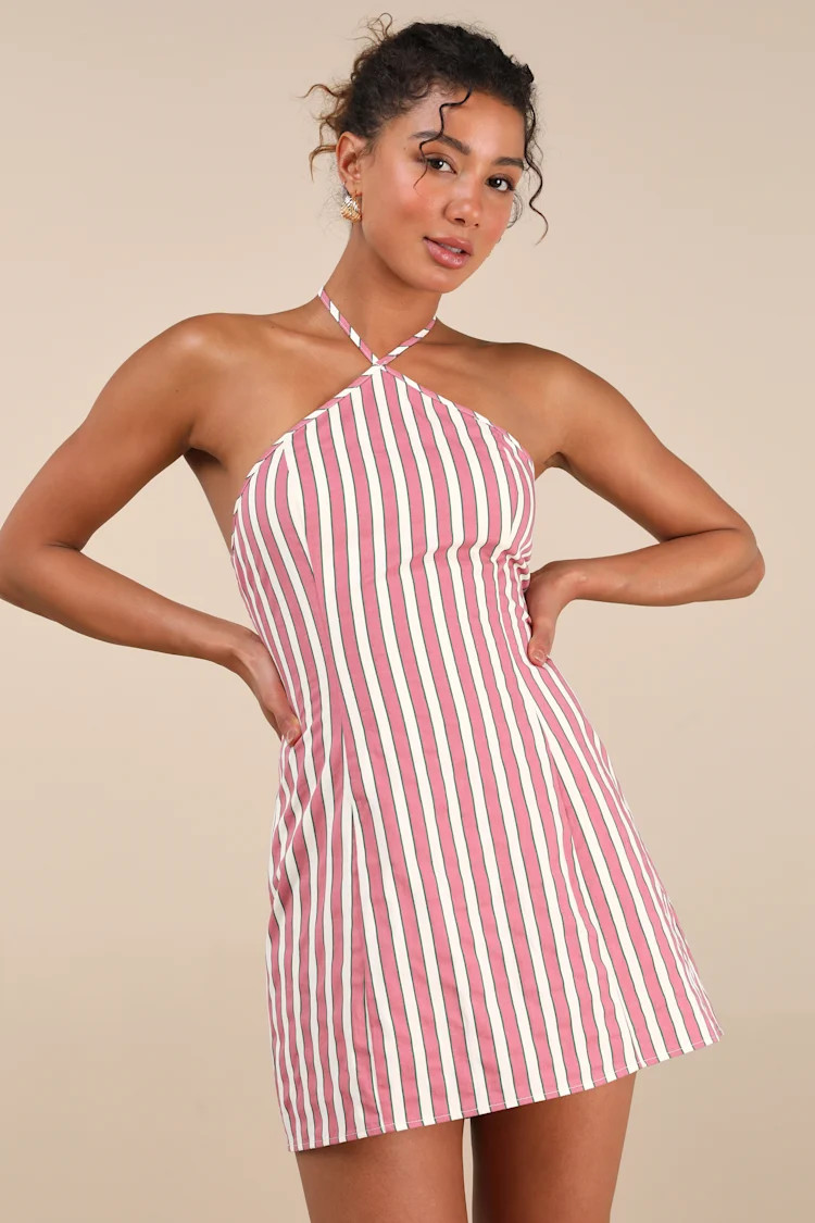 Madelia Pink Striped Halter Mini Dress | Lulus