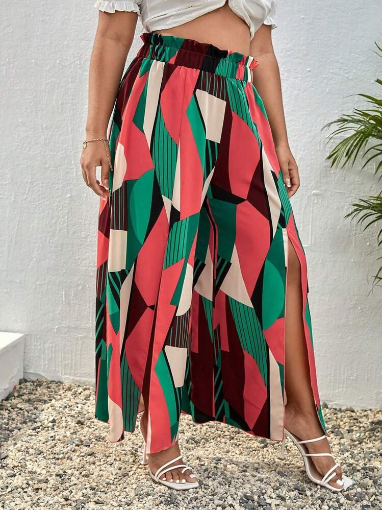 Breezaya Plus Size Women Geometric Print Flared Leg Loose Long Pants With Ruffle Waist Fall Cloth For Women | SHEIN