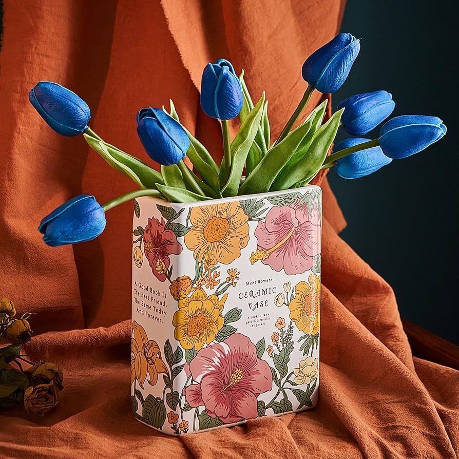 Book Vase White Ceramic Vase Retro Book Shaped Flower Vase Aesthetic Rectangular Vases for Flower... | Amazon (US)
