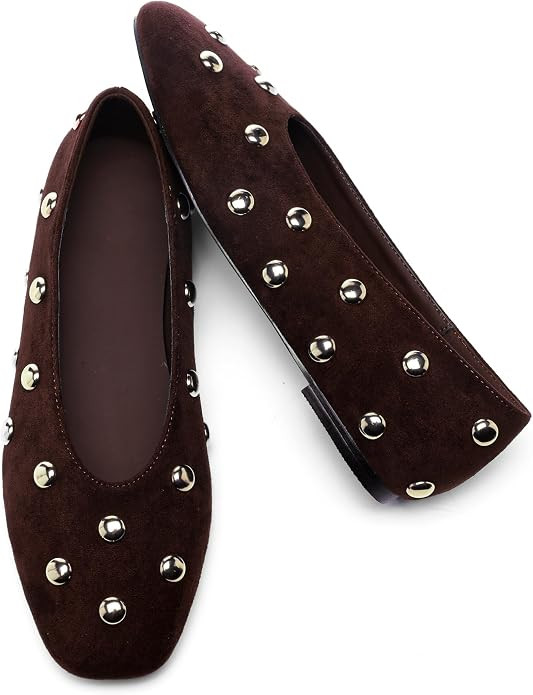 Studded Flats for Women Square Toe Slip on Suede Ballet Flats | Amazon (US)