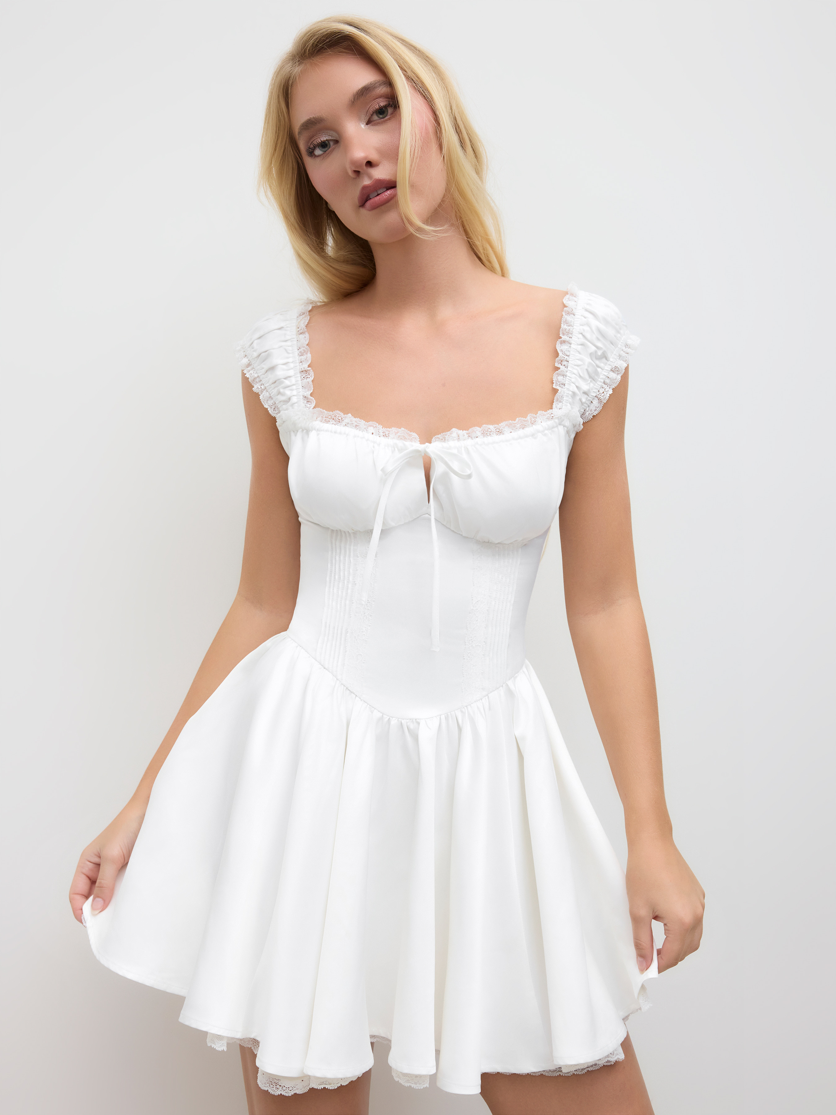 Woven Sweetheart Lettuce Trim Ruffle Knotted Mini Dress For Date | Cider