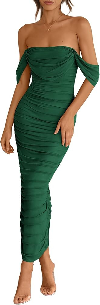 PRETTYGARDEN Womens 2025 Summer Off The Shoulder Dress Ruched Bodycon Sleeveless Split Cocktail P... | Amazon (US)