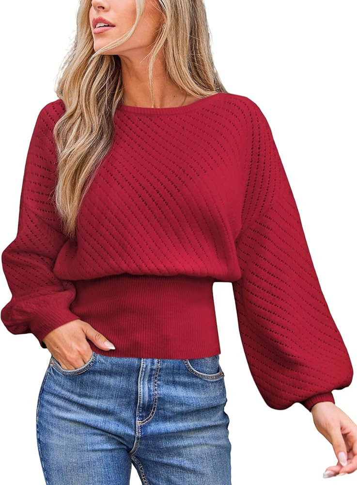 CUPSHE Women's Trendy Knit Sweater 2025 Boatneck Puffy Sleeves Cinched Waist Pullover Tops Fall F... | Amazon (US)