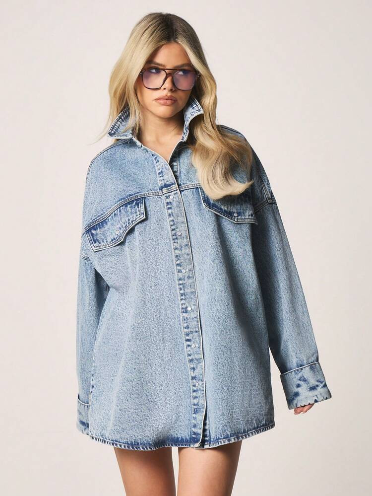 MISSGUIDED Oversized Press Stud Western Denim Shirt With Collared Neckline And Long Sleeves For C... | SHEIN