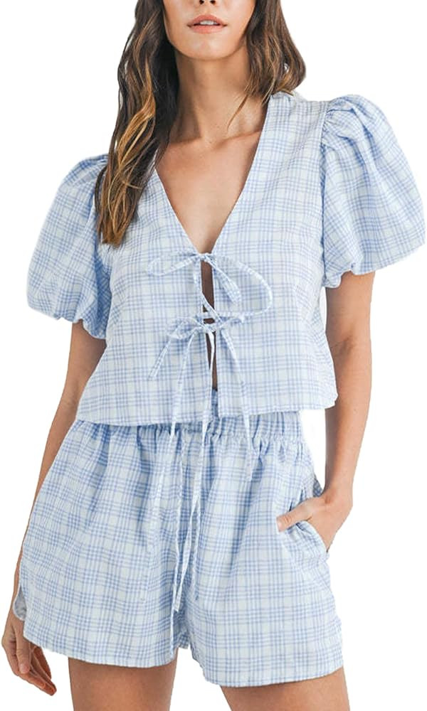Womens Gingham Pajamas Set 2 Piece Cute Pjs Lounge Set Comfy Lightweight Sleepwear Gingham Plaid ... | Amazon (US)