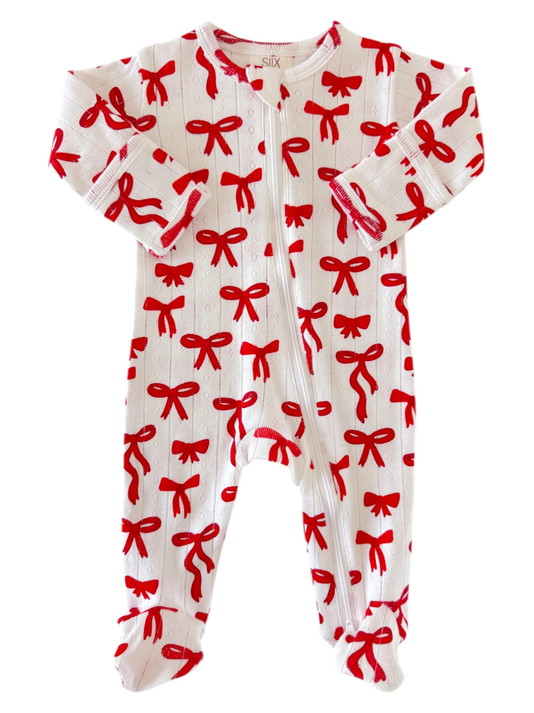 Red Bows / Organic Pointelle 2-Way Zip Footie | SpearmintLOVE