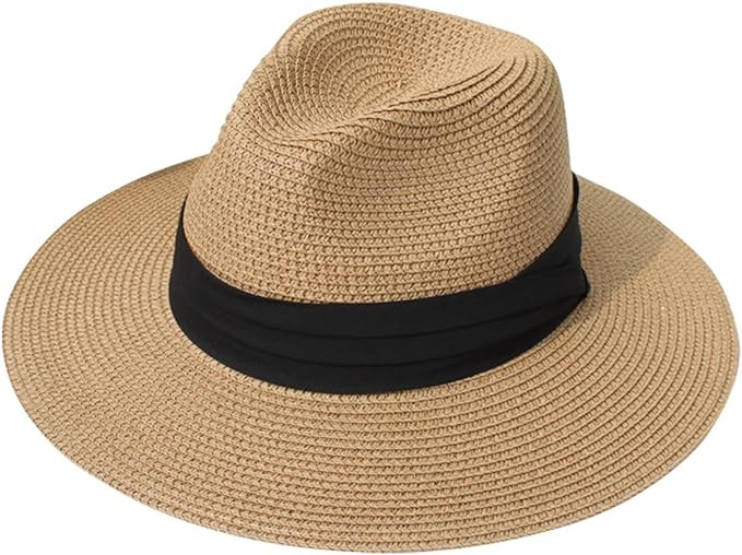 Lanzom Women Wide Brim Straw Panama Roll up Hat Belt Buckle Fedora Beach Sun Hat UPF50+ | Amazon (US)