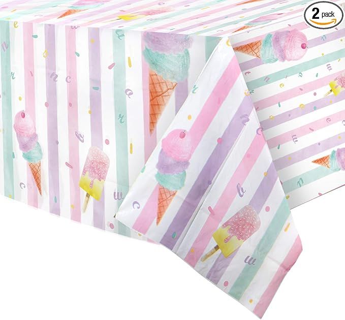 WERNNSAI Ice Cream Party Table Cover - 2PCS 54” X 108” Disposable Rectangular Plastic Tablec... | Amazon (US)