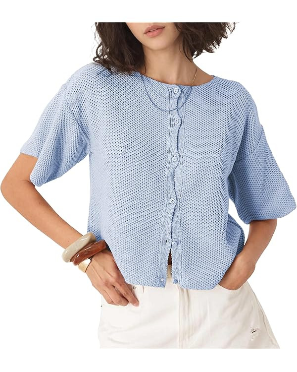Ainangua Womens Casual Cardigan Summer Short Sleeve Crew Neck Button Down Knit Sweater Tops Light... | Amazon (US)