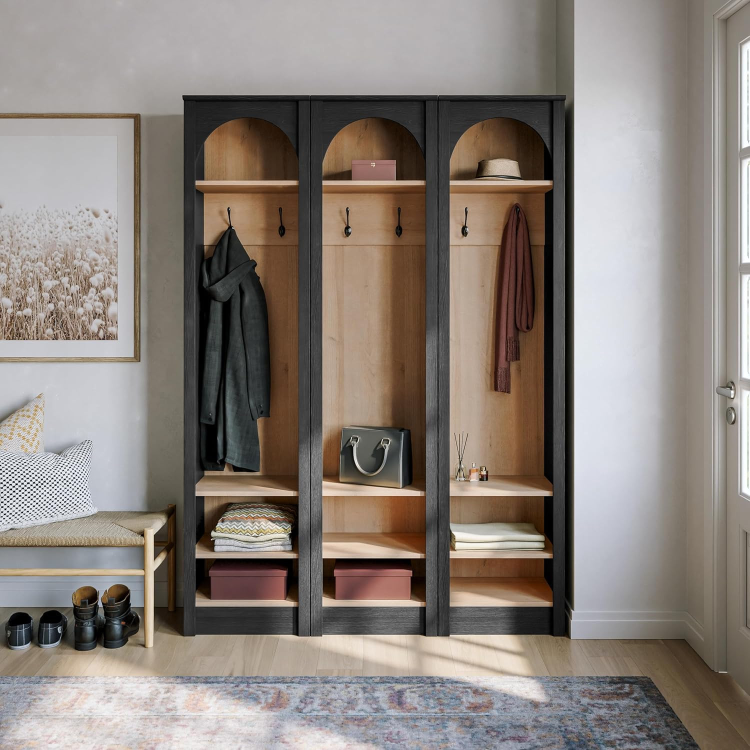 Prepac Ark 76" Tall Arched Entryway Coat Rack in Black Oak with Natural Oak Interior, Hall Tree w... | Amazon (US)