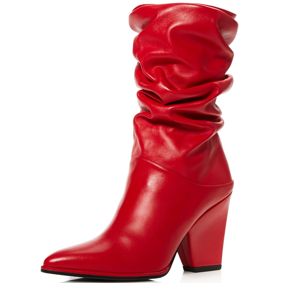 Fashion Red Slouch Cowgirl Boots Chunky Heel Slip on Mid Calf Boots | FSJshoes