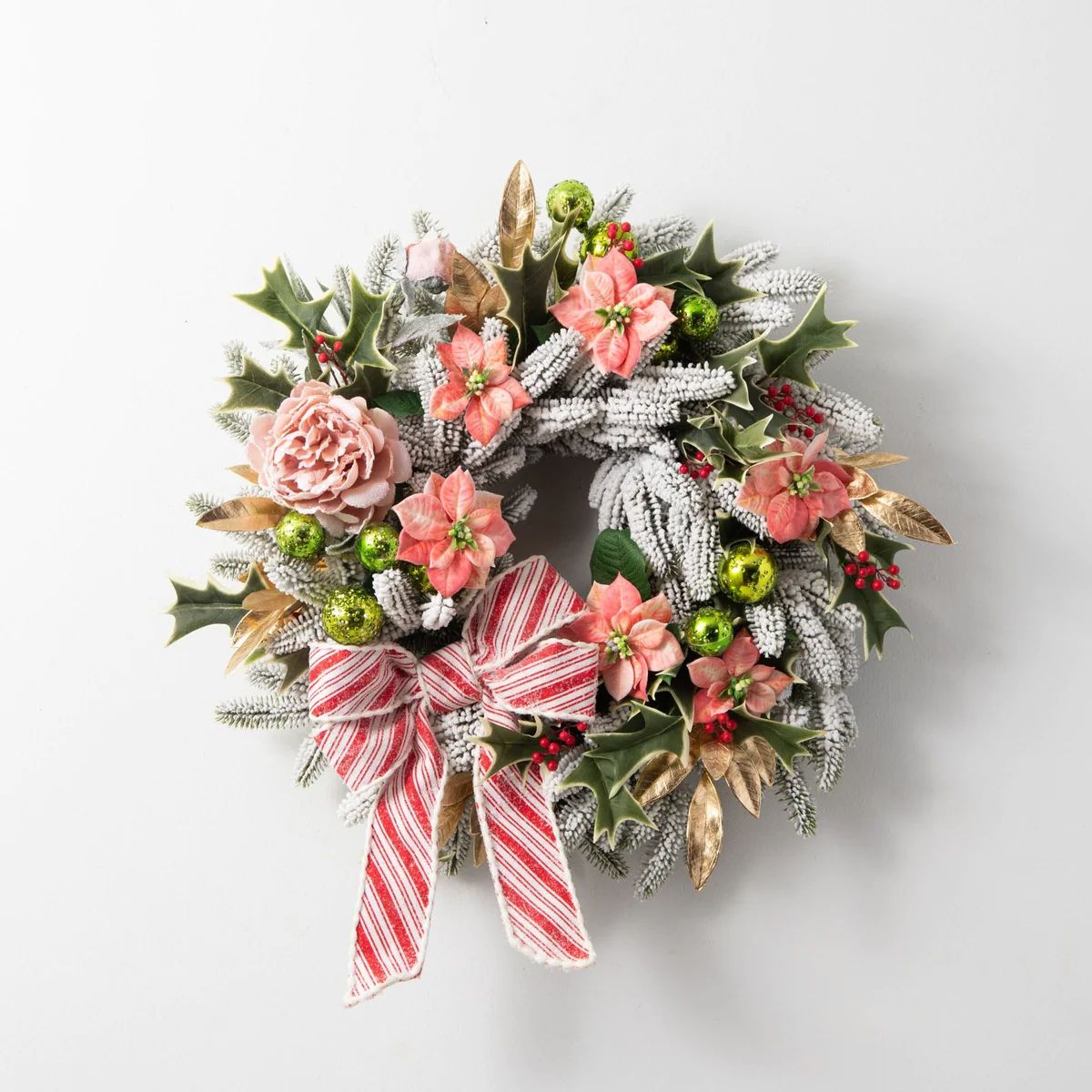 Cindy Lou Who - Snowy Pink Peony & Frosty Peppermint Stripe Bow Festive Christmas Front Door Wrea... | Darby Creek Trading