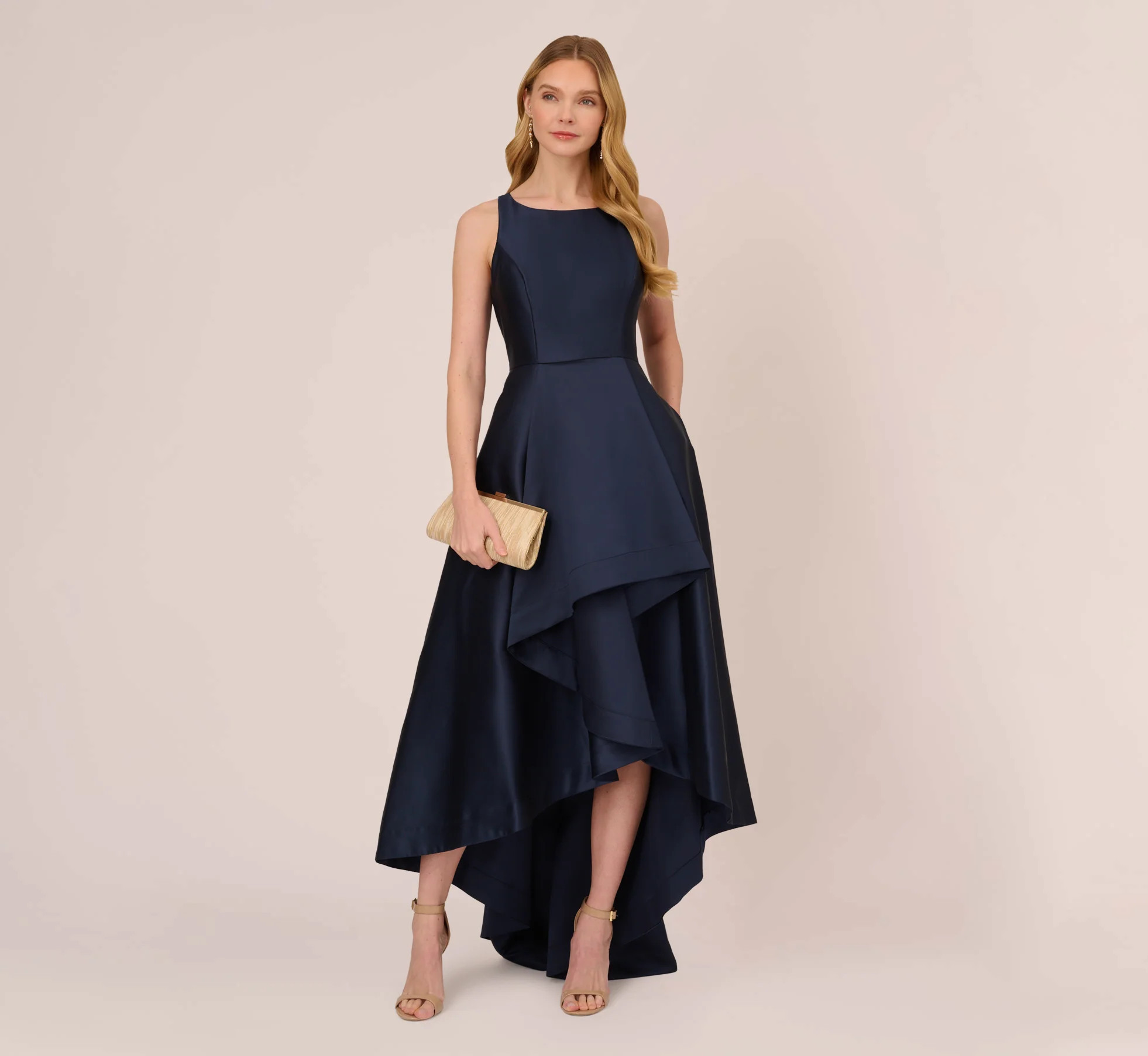 High Low Mikado Gown With Asymmetrical Detail In Midnight | Adrianna Papell