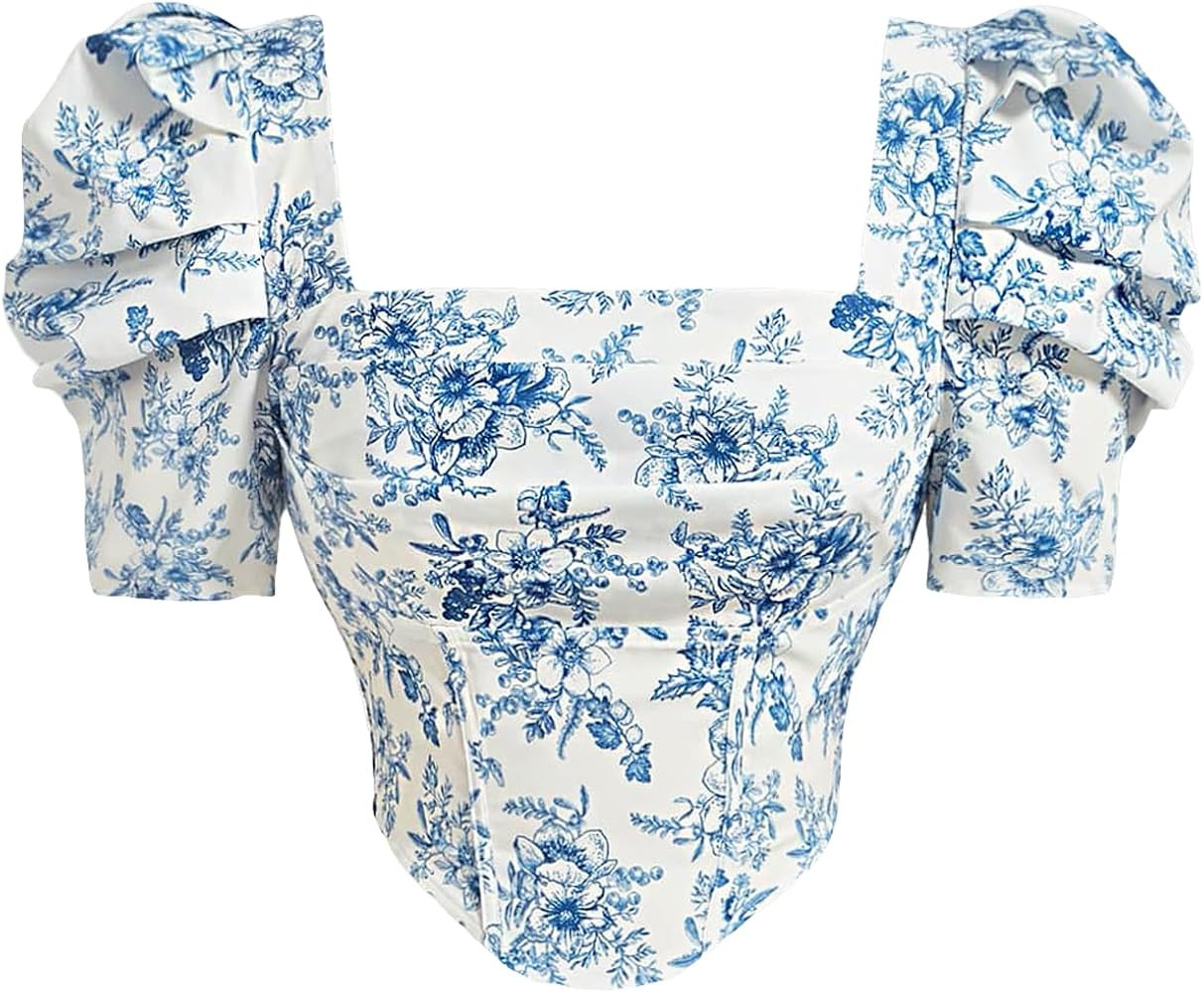 Women's Floral Print Blouse Short Puff Sleeve Square Neck Crop Top Asymmetric Hem Slim Fit Blouse | Amazon (US)