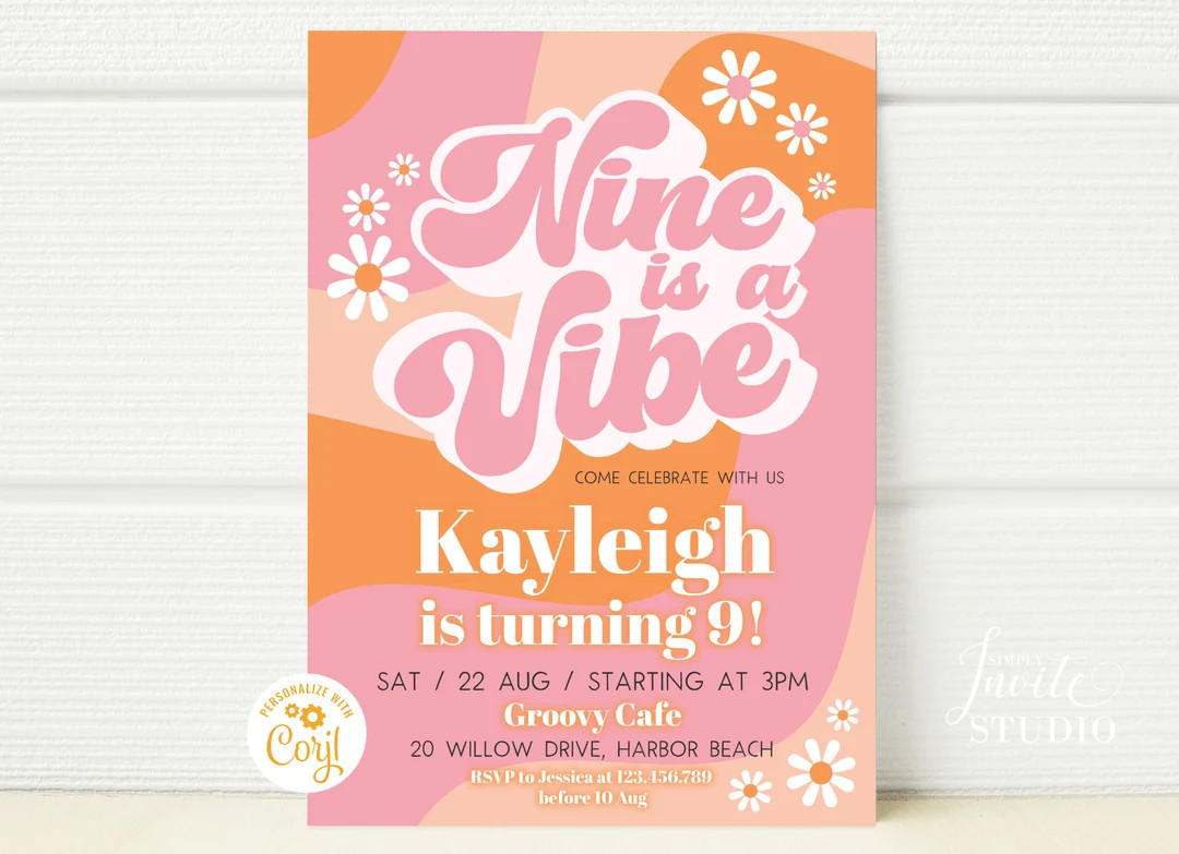 Nine is a Vibe Groovy Invitation, Daisy Retro Girl 70s Hippie 9th Birthday Invite Template, Get G... | Etsy (US)