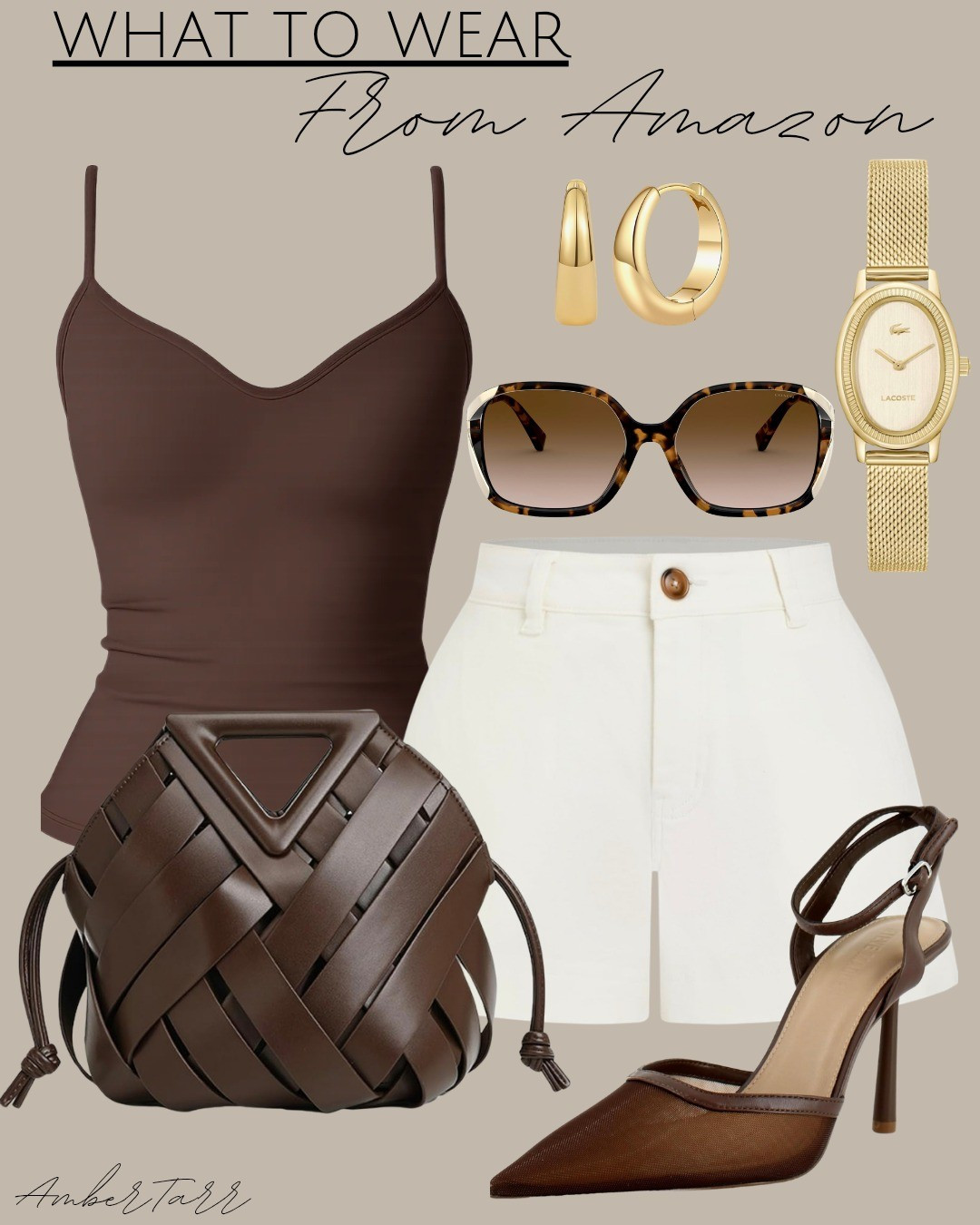 This brown and white outfit from Amazon is perfect for everyday styling. The chocolate cami top pairs beautifully with crisp white shorts, while the woven brown bag adds texture and sophistication. Complete the look with tortoiseshell sunglasses, gold hoop earrings, and brown pointed heels for a chic, polished aesthetic.

#LTKmomlife #LTKootd #LTKOver40