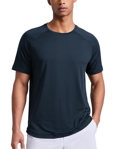 CRZ YOGA Texture Workout Shirts for Men - Lightweight Crewneck Running Athletic T-Shirts Short Sleeve Gym Tops True Navy Medium | Amazon (US)