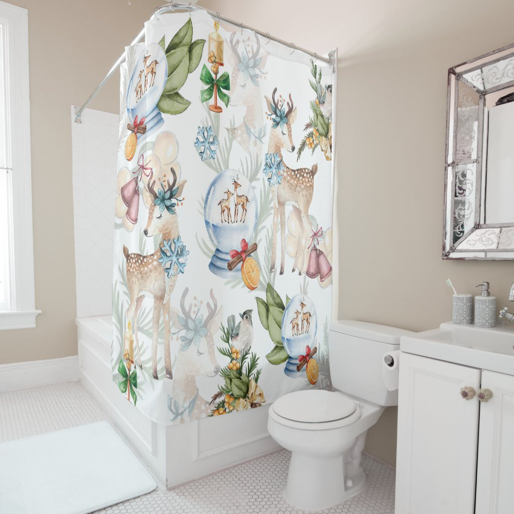 Beautiful Deer Watercolor Christmas Shower Curtain | Zazzle