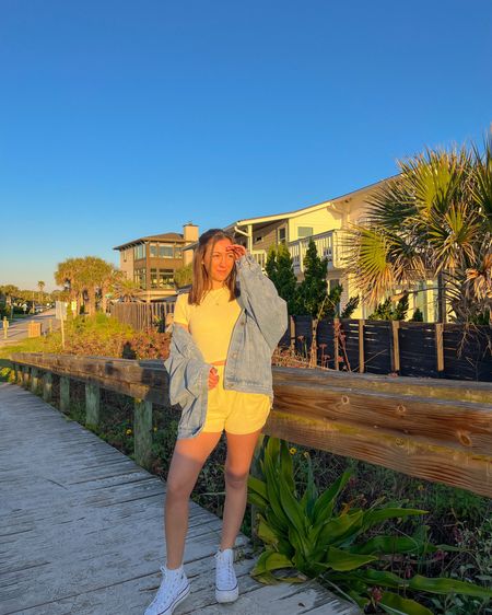 yellow matching set for spring, oversized denim jacket, platform high top converse 

#LTKstyletip