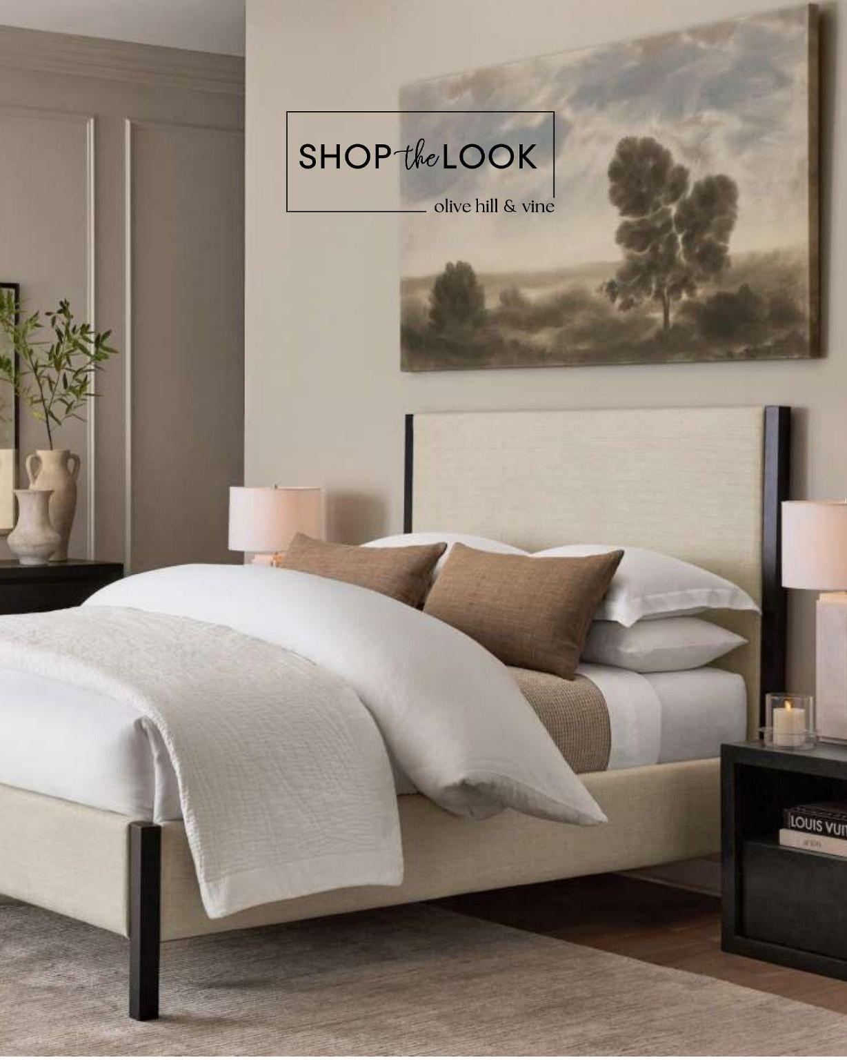 Warm neutrals meet crisp black accents in a bedroom designed to feel both relaxed and refined. The upholstered bed softens the contrast, while layered whites, rich wood tones and an oversized landscape bring warmth and depth to this timeless retreat.

#LTKHome