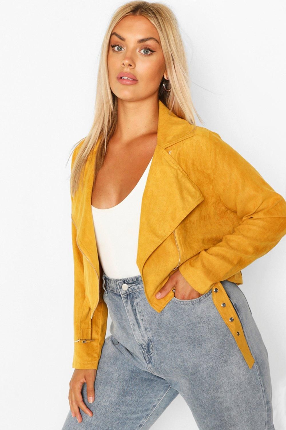 Womens Plus Belted Suedette Crop Moto Jacket - Yellow - 14 | Boohoo.com (US & CA)